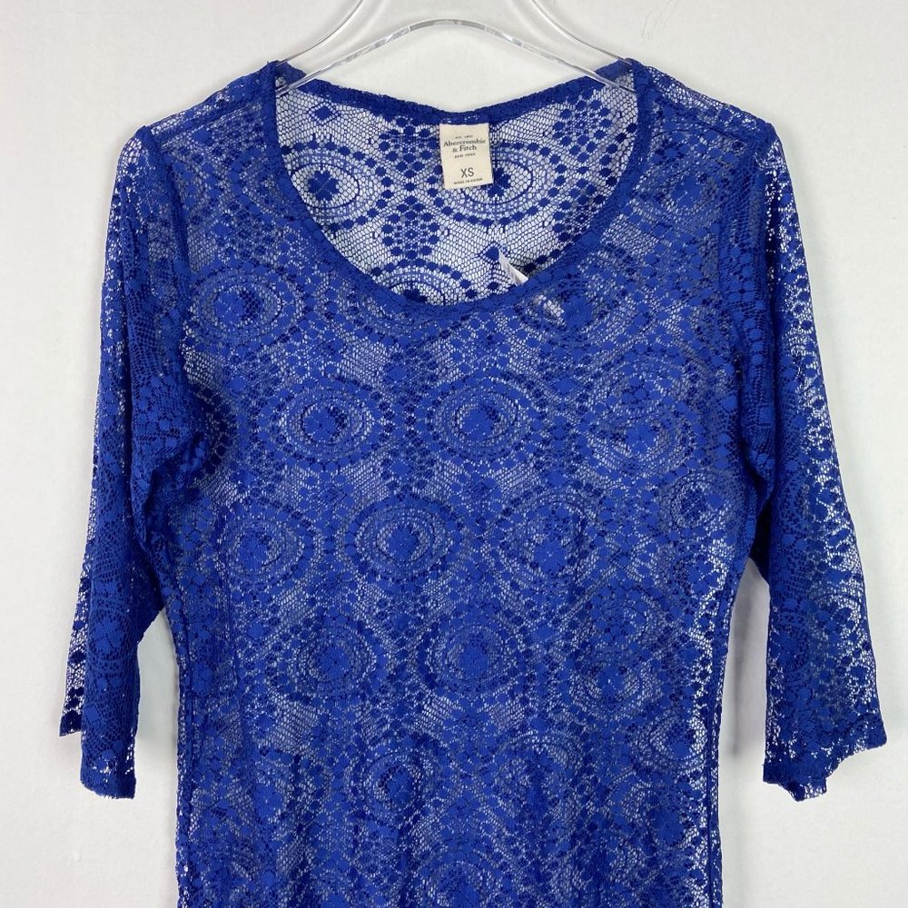 NWT Abercrombie & Fitch Royal Blue Lace 3/4 Sleeve Top Swim Cover Up Size XS NEW - Picture 2 of 9